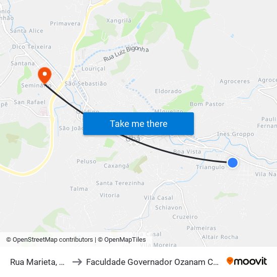 Rua Marieta, 75-133 to Faculdade Governador Ozanam Coelho - Fagoc map