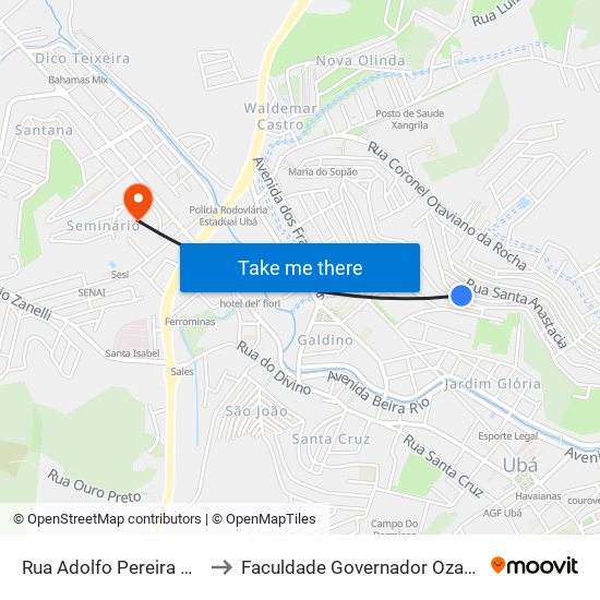 Rua Adolfo Pereira Cortês 361-475 to Faculdade Governador Ozanam Coelho - Fagoc map