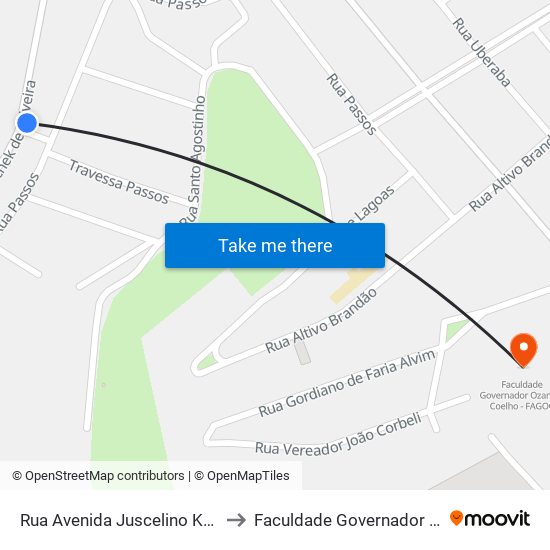 Rua Avenida Juscelino Kubitscheck De Oliveira 12 to Faculdade Governador Ozanam Coelho - Fagoc map