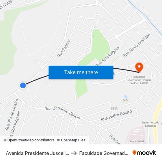 Avenida Presidente Juscelino Kubitscheck De Oliveira 950 to Faculdade Governador Ozanam Coelho - Fagoc map