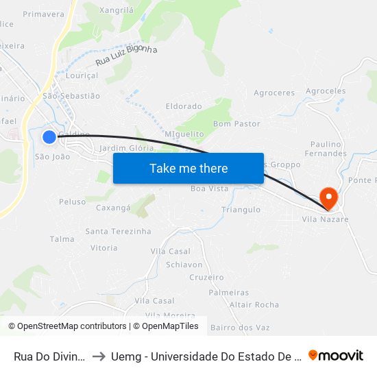 Rua Do Divino, 312 to Uemg - Universidade Do Estado De Minas Gerais map