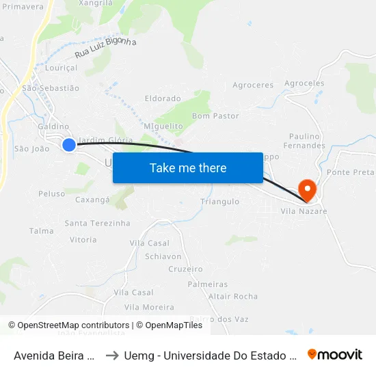 Avenida Beira Rio, 1321 to Uemg - Universidade Do Estado De Minas Gerais map
