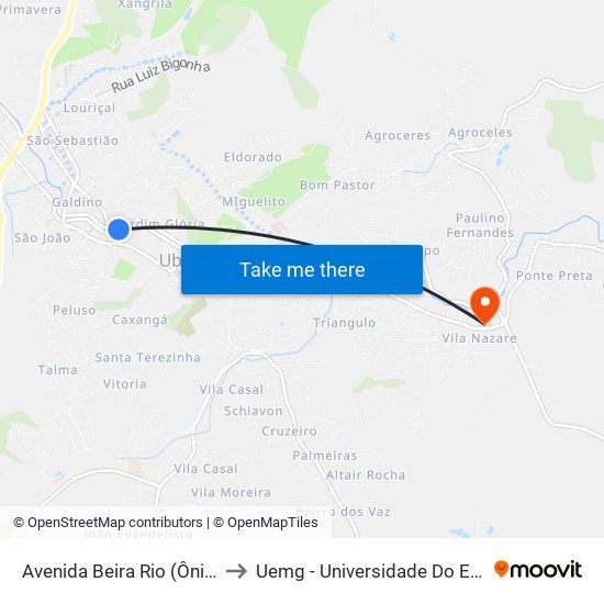 Avenida Beira Rio (Ônibus Intermunicipal) to Uemg - Universidade Do Estado De Minas Gerais map