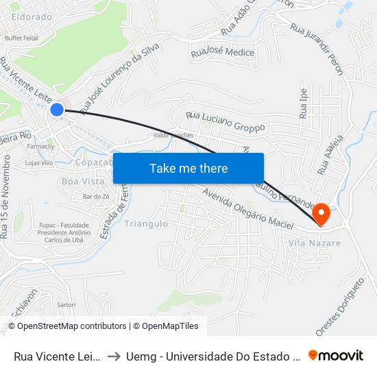 Rua Vicente Leite, 1-107 to Uemg - Universidade Do Estado De Minas Gerais map