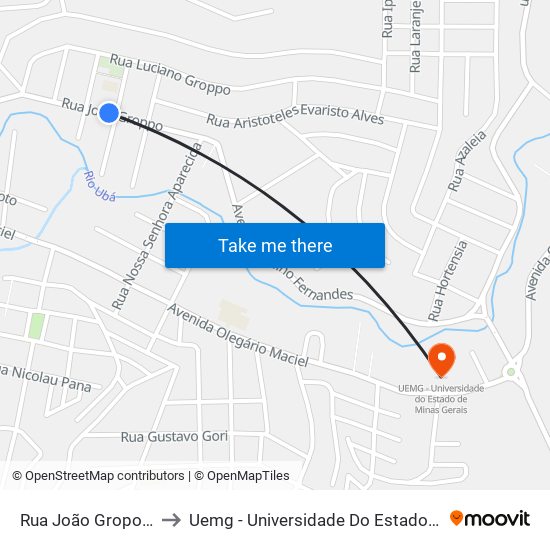 Rua João Gropo, 275-299 to Uemg - Universidade Do Estado De Minas Gerais map