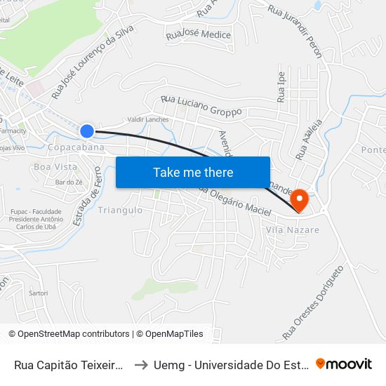 Rua Capitão Teixeira Pinto, 313-363 to Uemg - Universidade Do Estado De Minas Gerais map