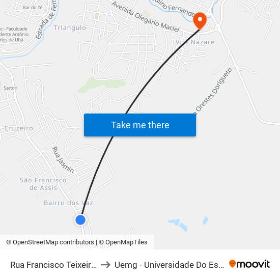 Rua Francisco Teixeira De Abreu, 1768 to Uemg - Universidade Do Estado De Minas Gerais map