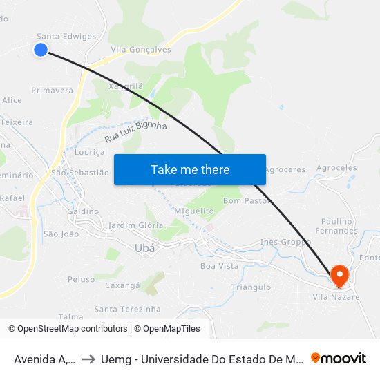 Avenida A, 160 to Uemg - Universidade Do Estado De Minas Gerais map