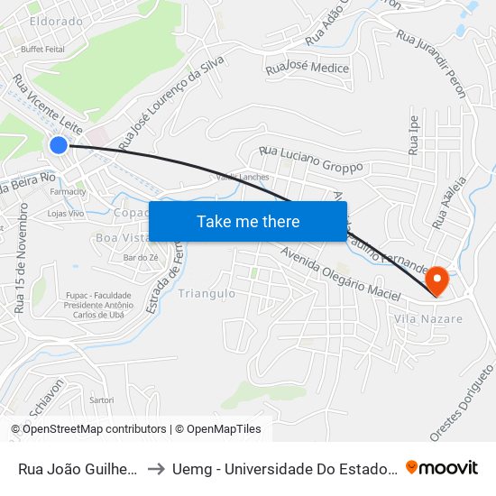 Rua João Guilhermino,121 to Uemg - Universidade Do Estado De Minas Gerais map