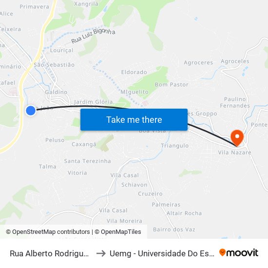 Rua Alberto Rodrigues Baião, 320-348 to Uemg - Universidade Do Estado De Minas Gerais map