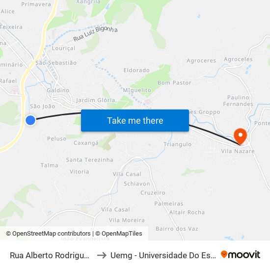 Rua Alberto Rodrigues Baião, 530-560 to Uemg - Universidade Do Estado De Minas Gerais map