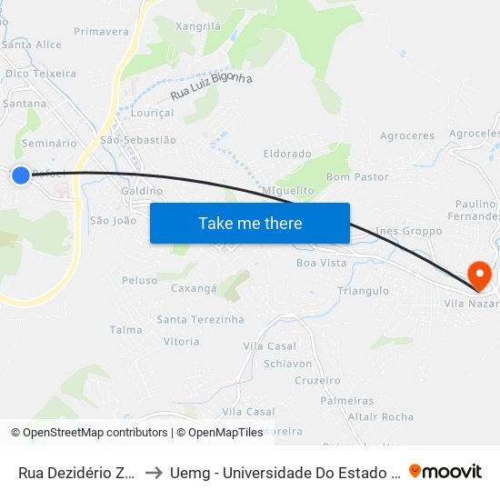 Rua Dezidério Zanelli 350 to Uemg - Universidade Do Estado De Minas Gerais map