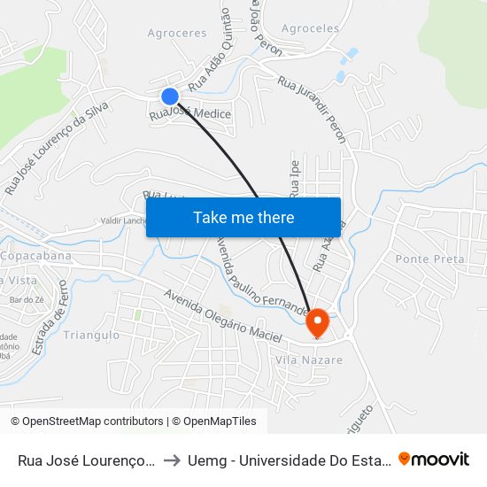 Rua José Lourenço Da Silva, 2-18 to Uemg - Universidade Do Estado De Minas Gerais map