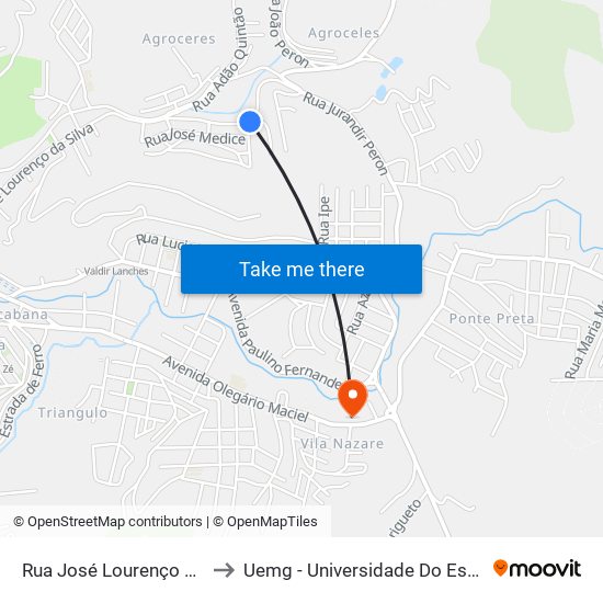 Rua José Lourenço Da Silva, 332-356 to Uemg - Universidade Do Estado De Minas Gerais map