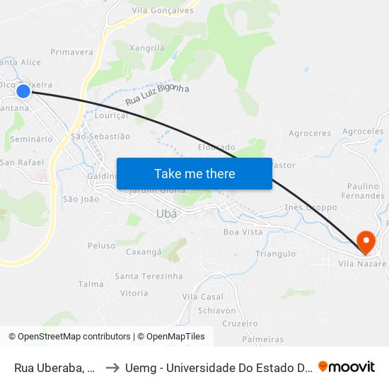 Rua Uberaba, 616-740 to Uemg - Universidade Do Estado De Minas Gerais map