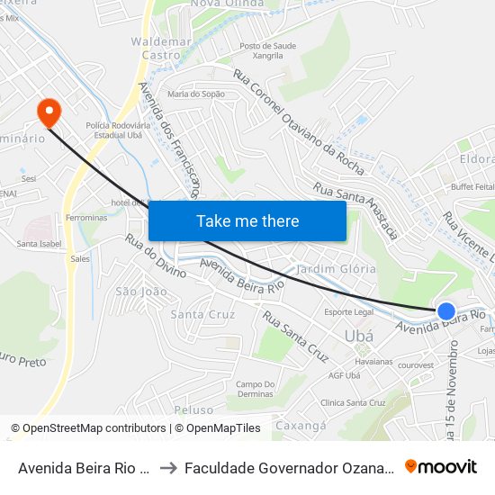 Avenida Beira Rio / Rodoviária to Faculdade Governador Ozanam Coelho (Fagoc) map