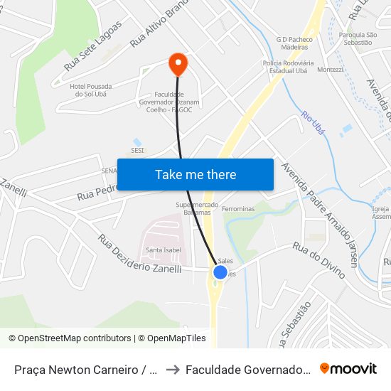 Praça Newton Carneiro / Sales / Hospital Santa Isabel to Faculdade Governador Ozanam Coelho (Fagoc) map