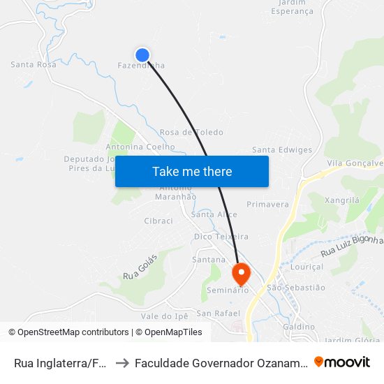 Rua Inglaterra/Fazendinha to Faculdade Governador Ozanam Coelho (Fagoc) map
