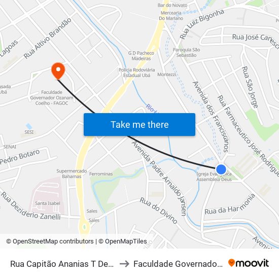 Rua Capitão Ananias T De Abreu/ Praça Getúlio Vargas to Faculdade Governador Ozanam Coelho (Fagoc) map