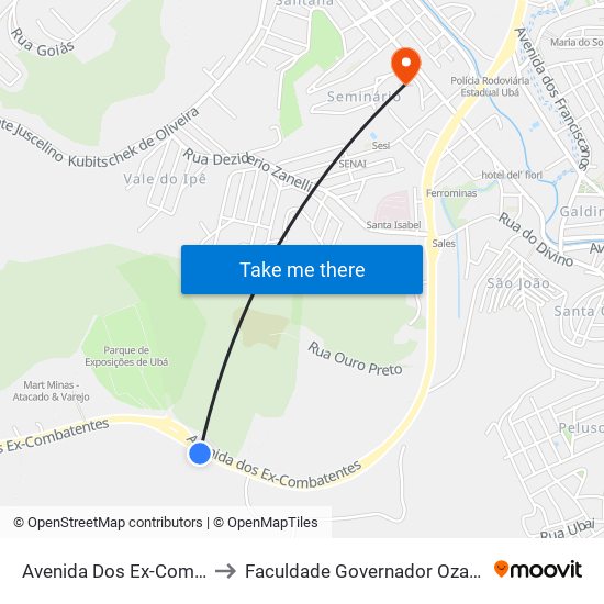 Avenida Dos Ex-Combatentes/Horto to Faculdade Governador Ozanam Coelho (Fagoc) map