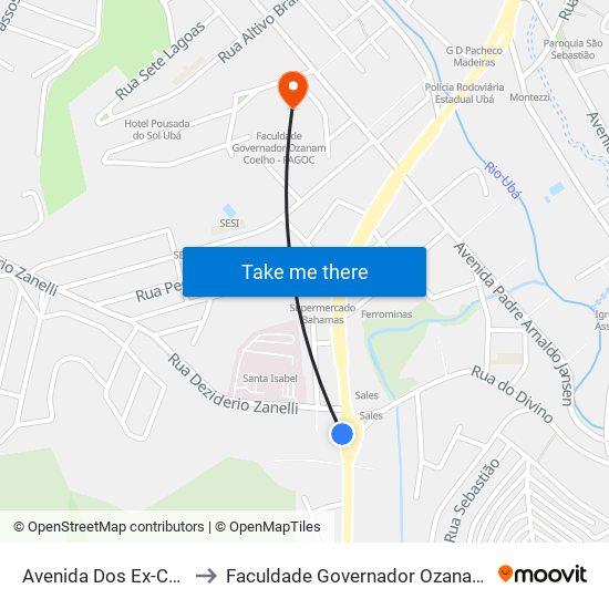 Avenida Dos Ex-Combatentes to Faculdade Governador Ozanam Coelho (Fagoc) map
