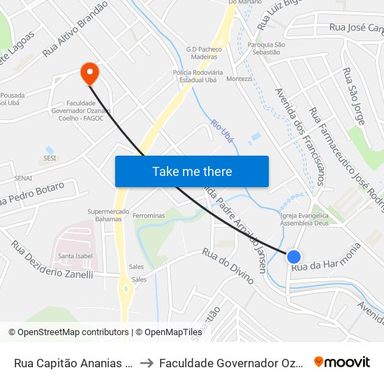 Rua Capitão Ananias T De Abreu, 1518 to Faculdade Governador Ozanam Coelho (Fagoc) map