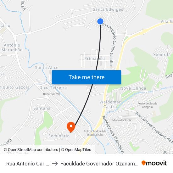 Rua Antônio Carlos Calafa to Faculdade Governador Ozanam Coelho (Fagoc) map