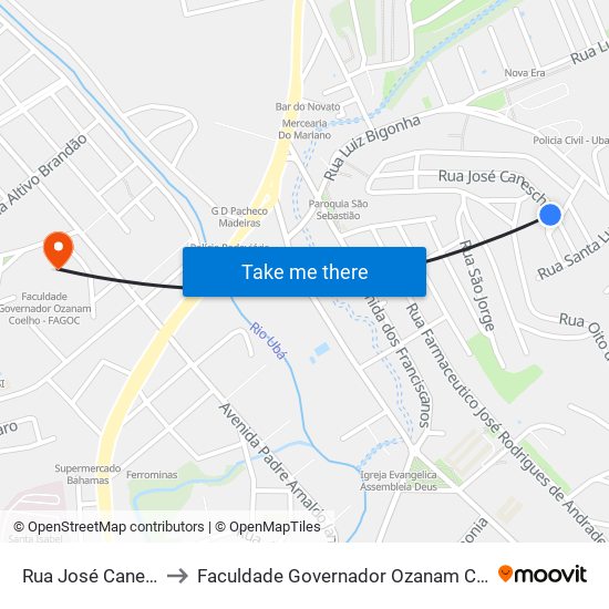 Rua José Caneschi 72 to Faculdade Governador Ozanam Coelho (Fagoc) map