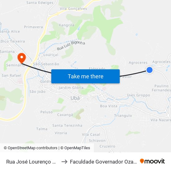 Rua José Lourenço Da Silva, 372-584 to Faculdade Governador Ozanam Coelho (Fagoc) map