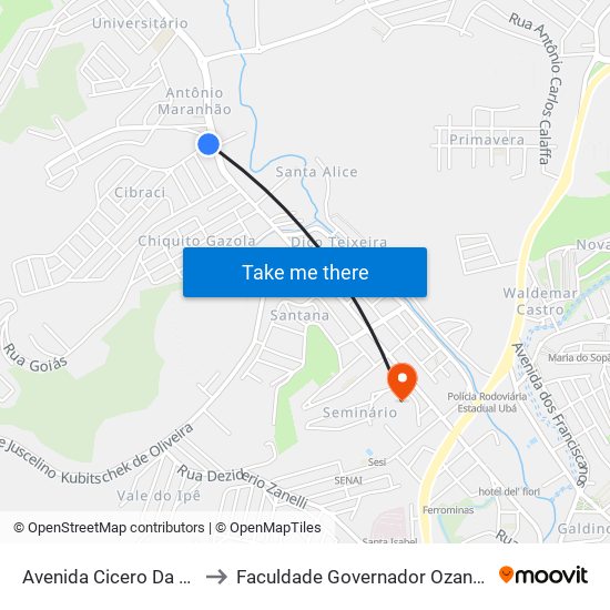 Avenida Cicero Da Silveira, 17-49 to Faculdade Governador Ozanam Coelho (Fagoc) map