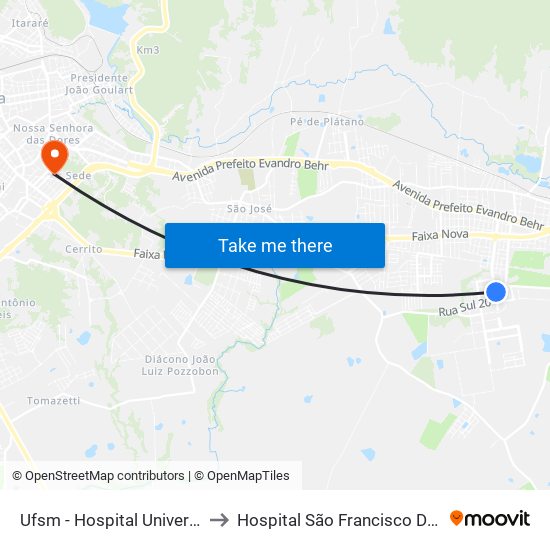 Ufsm - Hospital Universitário to Hospital São Francisco De Assis map