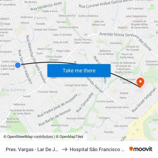 Pres. Vargas - Lar De Joaquina to Hospital São Francisco De Assis map