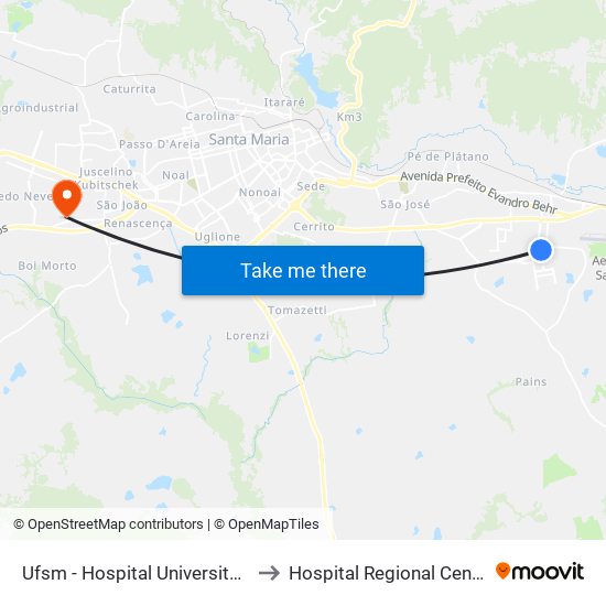 Ufsm - Hospital Universitário to Hospital Regional Centro map