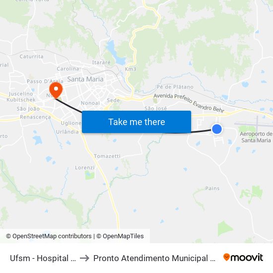 Ufsm - Hospital Universitário to Pronto Atendimento Municipal Flavio Miguel Schneider map