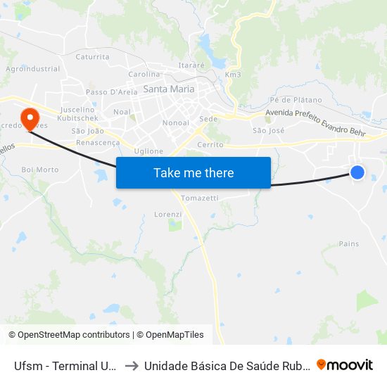 Ufsm - Terminal Urbano to Unidade Básica De Saúde Ruben Noal map