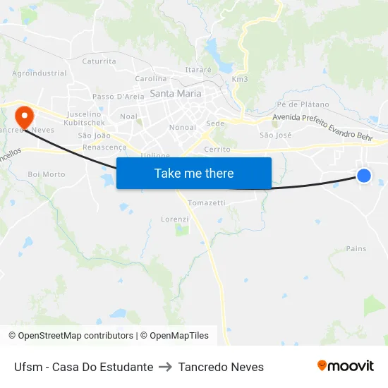 Ufsm - Casa Do Estudante to Tancredo Neves map