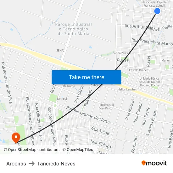 Aroeiras to Tancredo Neves map