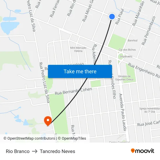 Rio Branco to Tancredo Neves map