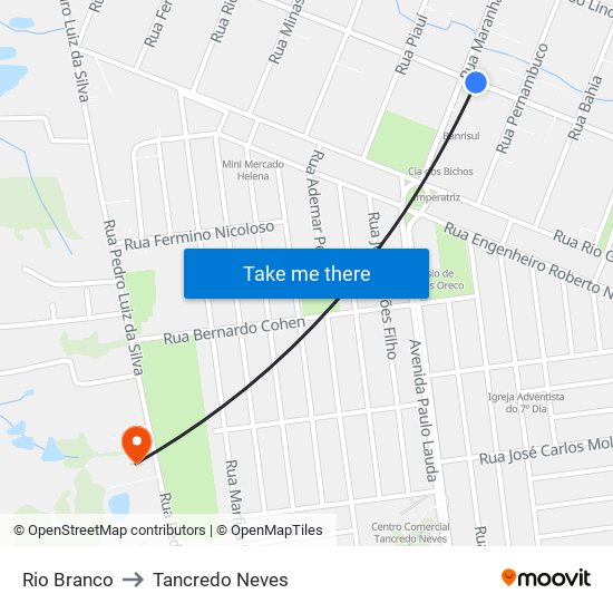 Rio Branco to Tancredo Neves map