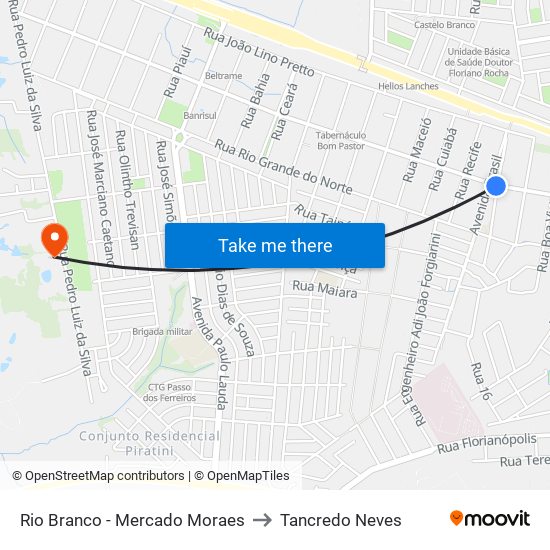 Rio Branco - Mercado Moraes to Tancredo Neves map