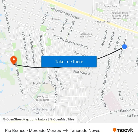 Rio Branco - Mercado Moraes to Tancredo Neves map