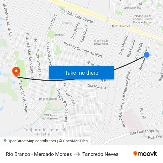 Rio Branco - Mercado Moraes to Tancredo Neves map