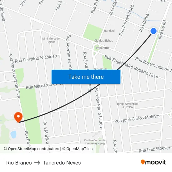 Rio Branco to Tancredo Neves map