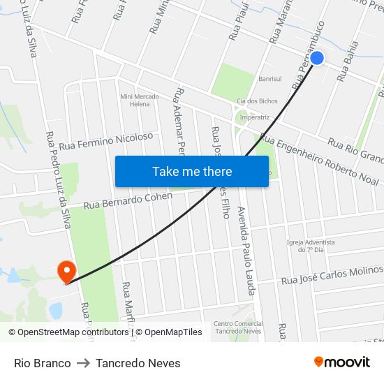 Rio Branco to Tancredo Neves map