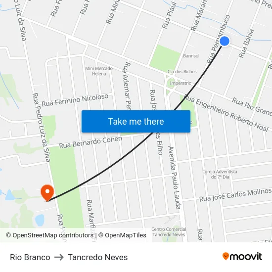 Rio Branco to Tancredo Neves map