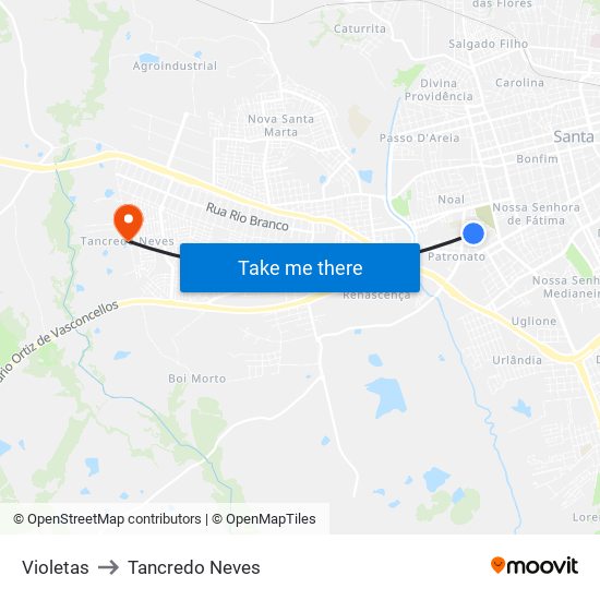 Violetas to Tancredo Neves map