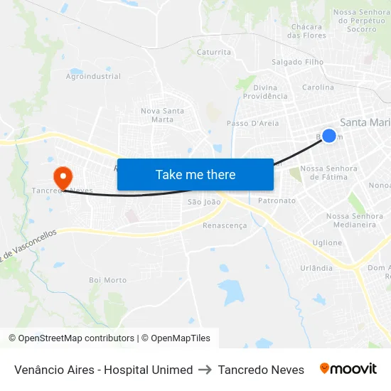 Venâncio Aires - Hospital Unimed to Tancredo Neves map