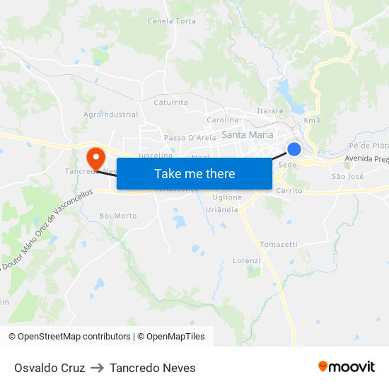 Osvaldo Cruz to Tancredo Neves map