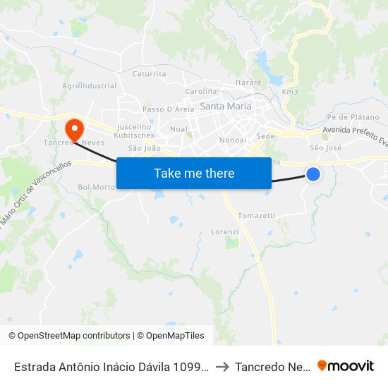 Estrada Antônio Inácio Dávila 1099-1131 to Tancredo Neves map