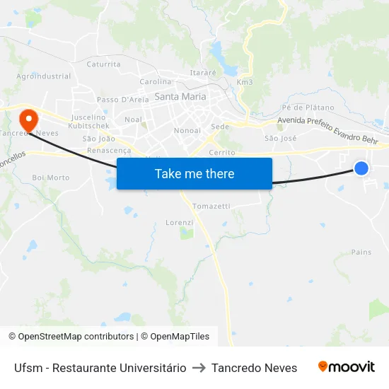 Ufsm - Restaurante Universitário to Tancredo Neves map